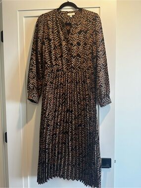 Pleated Brown Patterned Long Sleeve Dress